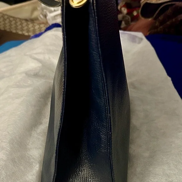 Authentic Vintage Christian Dior Leather Navy Blue Tote with Gold Accent
